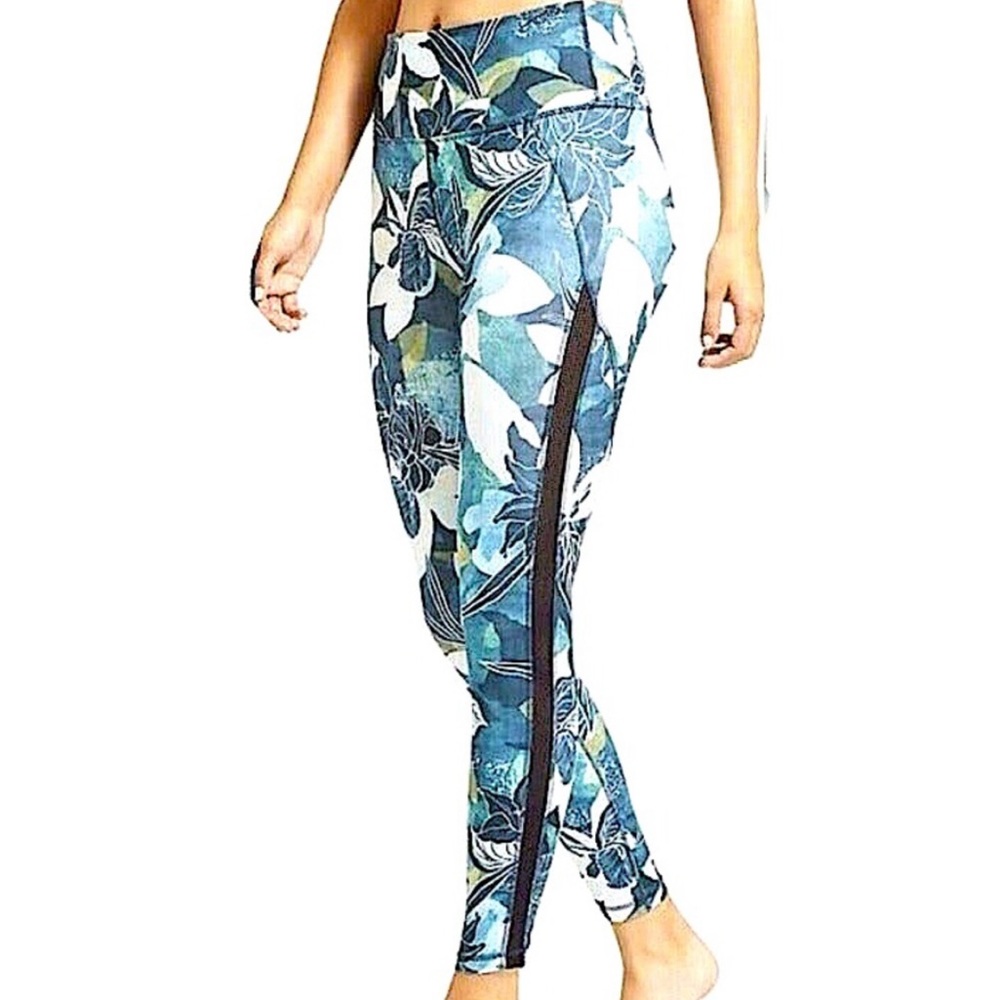 Athleta High Rise Tropical Floral Print Mesh Striped Side Active Leggings Small